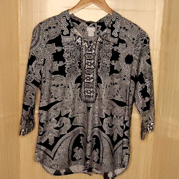 Chico's Black White Paisley No Iron Chic Stretch Tunic Top 12 - Picture 1 of 8
